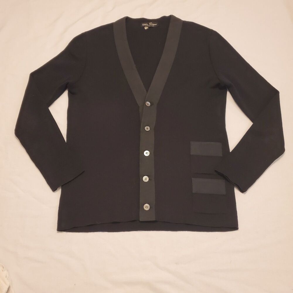 Vtg Salvatore Ferragamo Womens Sz L Black Wool Knit Cardigan Classic Minimalist